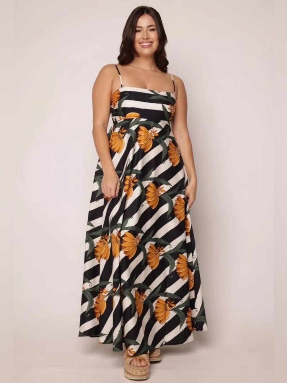 Farm Rio Banana Stripes Maxi Dress size LARGE
